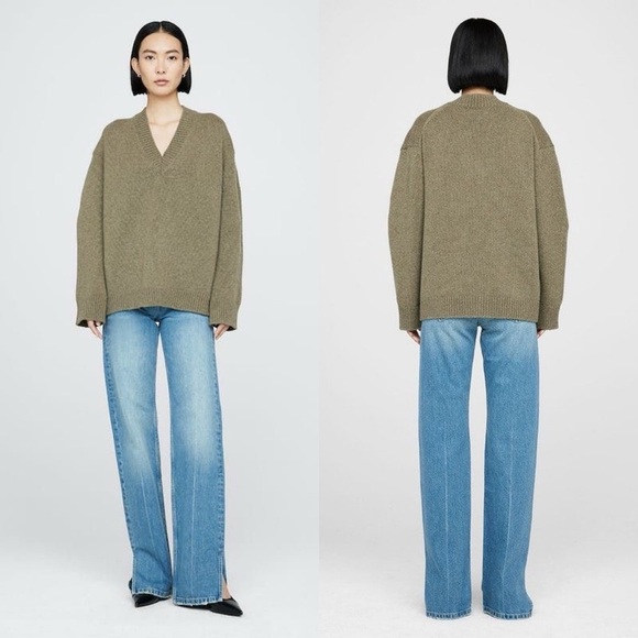 Anine Bing Sweaters - ANINE BING Rosie Cashmere V-Neck Oversized Sweater Olive Green